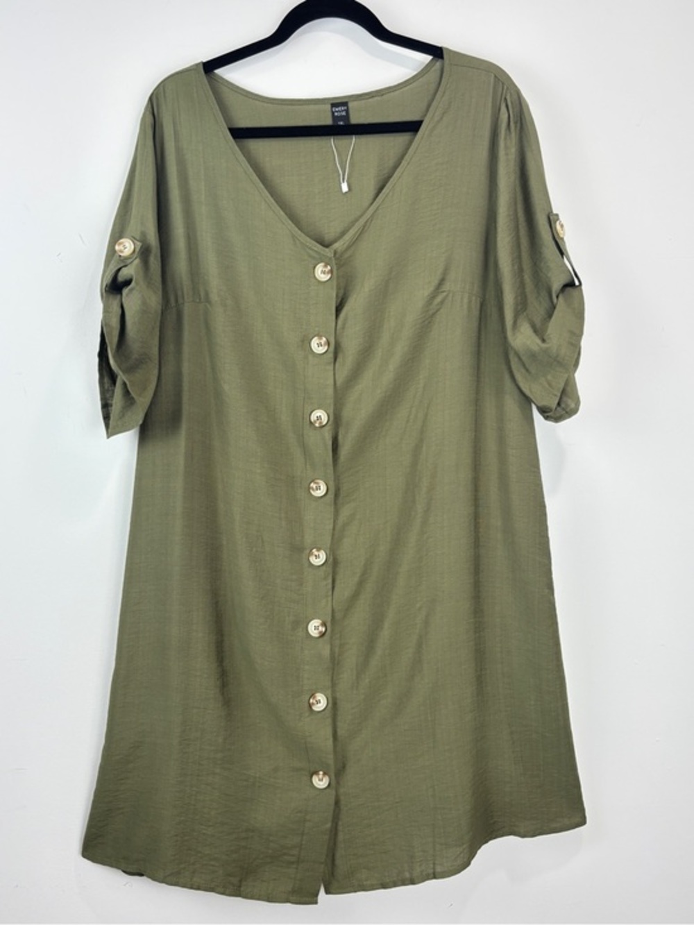 Emery Rose 1XL Olive Green Button Front Dress Tunic Rolled Sleeve Minimalist